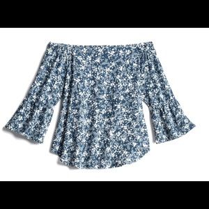 Floral Teal/white off the shoulder bell sleeve top
